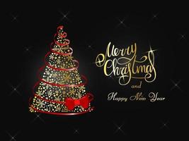 Handwritten golden lettering on a dark gray background. Magic lush golden Christmas tree of snowflakes with a red ribbon and a bow. Merry Christmas and Happy New Year 2022. vector