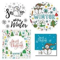 A set of 5 hand-drawn illustrations. A set of winter doodle elements with handwritten lettering. Merry Christmas and Happy New Year 2022. Hand-drawn doodle. vector
