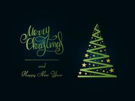 Handwritten green lettering on a dark blue background. Magic green Christmas tree with golden stars. Merry Christmas and Happy New Year 2022.