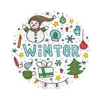 conjunto de elementos de doodle de invierno. coloridos objetos dibujados a mano en forma de círculo sobre un fondo blanco. feliz navidad y próspero año nuevo 2022. vector