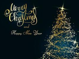 Handwritten golden lettering on a dark blue background. Magic golden Christmas tree of snowflakes and snowstorms. Merry Christmas and Happy New Year 2022. vector