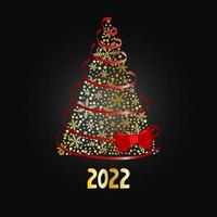 Magic lush golden Christmas tree of snowflakes with a red ribbon and a bow on a dark gray background. Merry Christmas and Happy New Year 2022. Vector illustration.