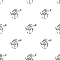 Seamless pattern in doodle style. Winter endless illustration is hand-drawn. Happy New Year 2022 and Merry Christmas. A black and white snowman in a hat and scarf on a white background.