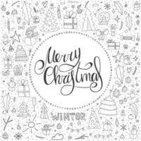 Set of 150 winter doodle elements. Hand-drawn objects on a white background with handwritten lettering. Merry Christmas and Happy New Year 2022.