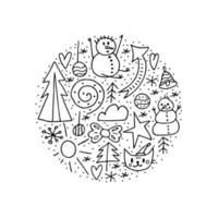 A set of doodle elements. Winter 2022. Circle of a hand-drawn winter objects on a white background. vector