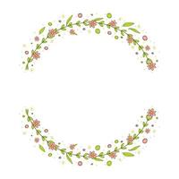 A frame of pink flowers with greenery. Floral arrangement in the shape of a circle. Vector illustration. On a white background.