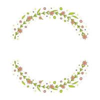 A frame of pink flowers with greenery. Floral arrangement in the shape of a circle. Vector illustration. On a white background.