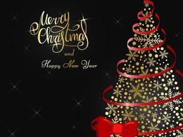 Handwritten golden lettering on a dark gray background. Magic lush golden Christmas tree of snowflakes with a red ribbon and a bow. Merry Christmas and Happy New Year 2022. vector