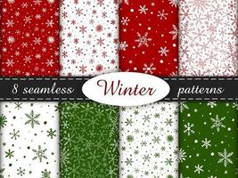 Set of 8 simple seamless patterns. Colored winter endless backgrounds with snowflakes. White, red and green backgrounds. vector