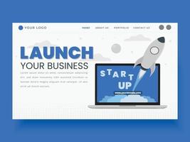 Startup business website landing page background vector illustration with a spaceship launching from laptop