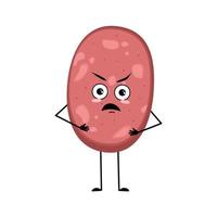 Cute sausage character with angry emotions, grumpy face, furious eyes, arms and legs. Irritated meal or meat snack. Vector flat illustration