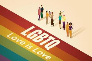 Las parejas de gays y lesbianas se paran frente a un fondo de arco iris. vector