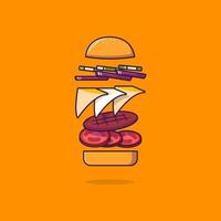 Ilustración de icono de estilo de dibujos animados de hamburguesa flotante. concepto de comida vector