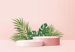 Los productos de fondo 3D muestran una escena de podio con una plataforma geométrica de hoja verde. vector de fondo render 3d con podio. Stand para mostrar productos cosméticos. Escaparate de escenario en pedestal display pink studio