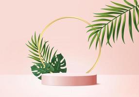 3d background products display podium scene with green leaf geometric platform. background vector 3d render with podium. stand to show cosmetic products. Stage showcase on pedestal display pink studio