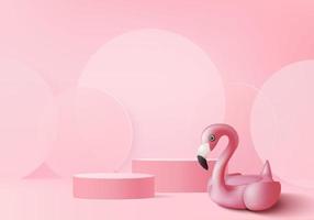 3d pink flamingo render for summer, background product display podium scene with pink geometric platform. background vector 3d render with podium. stand to show cosmetic product holiday studio