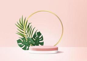 3d background products display podium scene with green leaf geometric platform. background vector 3d render with podium. stand to show cosmetic products. Stage showcase on pedestal display pink studio