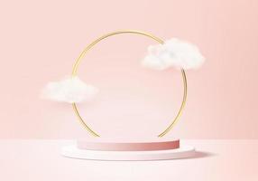 Valentine background vector 3d pink rendering with podium and cloud white scene, cloud 3d minimal background 3d rendering valentine love pink pastel podium. Stage pink on cloud render background