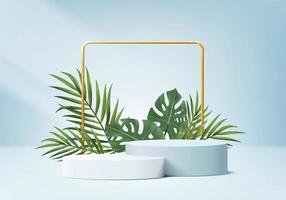 3d background products display podium scene with green leaf geometric platform. background vector 3d render with podium. stand to show cosmetic products. Stage showcase on pedestal display blue studio