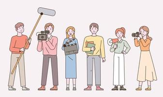 Cinematography staff characters stand with equipment. vector