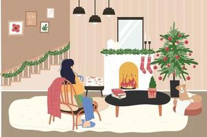 A woman is sitting in front of a fireplace. Her house is decorated for Christmas. vector
