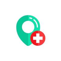 Pin diseño de vector de icono de ubicación de hospital. diseños de símbolo de signo de cruz roja