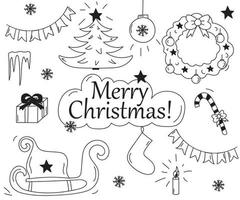 black and white set of Christmas items in the doodle style vector