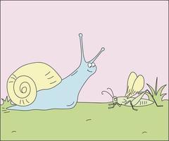 children's doodle illustration where a grasshopper stands with a snail vector