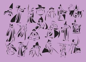 Line-art vector illustrations of wizards