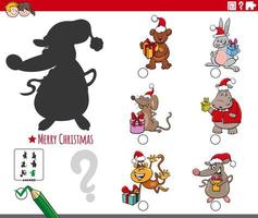 shadows game with cartoon animal characters on Christmas time vector