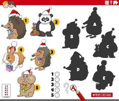 shadows game with cartoon animal characters on Christmas time vector