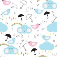 Seamless pattern with rainbows and happy clouds with cute singing birds. For textile, paper, packaging. Vector pattern.