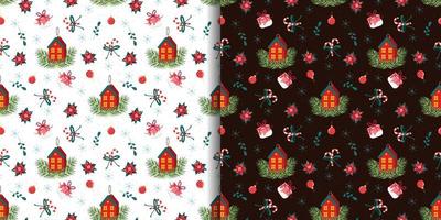 Christmas patterns. Christmas, New Year seamless pattern with cute houses, candycanes, poinsettia, gift boxes and christmas tree decorations. For wrapping paper, wallpaper, textile, backgrounds. vector