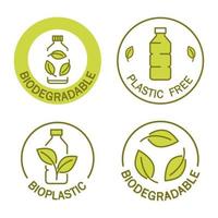 Biodegradable. Icon of plastic bottle with green leaves. Plastic free stamp. Eco friendly compostable material production. Zero waste, nature protection concept