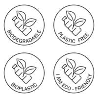 Plastic free icons. Biodegradable. Round symbol with bottle and leaves inside. Recycling plastic bottle. Eco friendly compostable material production. Zero waste, nature protection concept vector