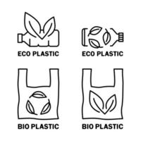 Plastic bag and bottle with leaf icon. Biodegradable, compostable and bio plastic. Eco friendly compostable material production. Zero waste, nature protection concept. Vector