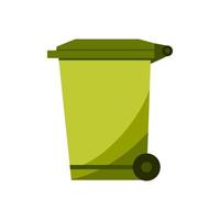 Recycle bin for trash and garbage. Street plastic wheelie waste bin. Rubbish container. Green color icon of dumpster isolated on white background vector