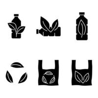 Plastic bag and bottle with leaf icon. Biodegradable, compostable and bio plastic. Eco friendly compostable material production. Zero waste, nature protection concept. Vector