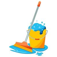 Mop and bucket, cleaning concept. Realistic mop and bucket full of soapy foam with colorful bubbles. Floor mopping concept for housework design. Washing housekeeping equipment sign vector