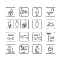 Restroom icons. Man, woman, wheelchair person symbol and baby changing. Stop smoke and pollution in the toilet. Do not flush. Male, Female, Handicap toilet sign vector