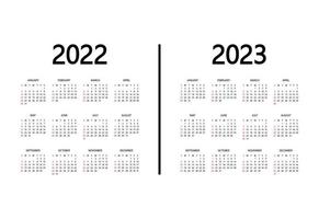 Calendar 2022, 2023 year. The week starts on Sunday. Annual organizer template. Calendar mockup design in black and white colors, holidays in red colors