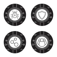 Cyber security icons set. Digital connections, virus program, social network and cyber security shield symbol. Vector white illustrations in black circles