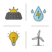 Eco energy color icons set. Solar panels, windmill, water energy, light bulb. Isolated vector illustrations