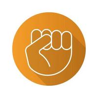 Raised fist gesture. Flat linear long shadow icon. Squeezed hand. Vector line symbol