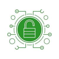 Cyber security flat linear long shadow icon. Access granted. Open padlock in microchip pathways. Vector line symbol