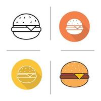 Hamburger icon. Flat design, linear and color styles. Fastfood cheese burger. Isolated vector illustrations