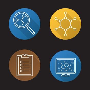 laboratorio de ciencia plana lineal larga sombra iconos conjunto. molécula, computadora de laboratorio, análisis de estructura molecular, lista de verificación de pruebas. ilustración de línea vectorial vector