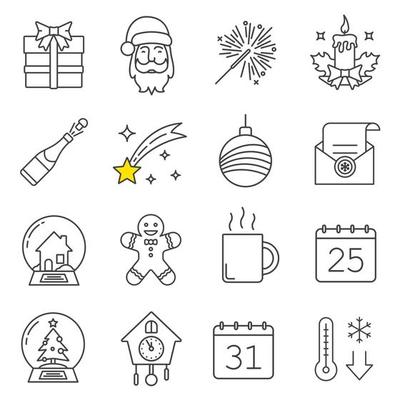 Christmas and New Year linear icons set. Gift box, Santa Claus, sparkler, candle, champagne, falling star, Xmas tree ball, snow globes, ginger man, hot cup. Thin line. Isolated vector illustrations