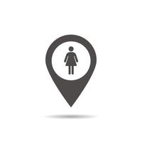 Ladies WC location icon. Drop shadow map pointer silhouette symbol. Woman's restroom pinpoint. Vector isolated illustration