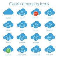 conjunto de iconos azules de computación en la nube. símbolos de silueta de almacenamiento digital. compre ahora, descargue, cargue, imprima, acceda, juegos, música, tablet pc, cámara web, video y tv. vector ilustración aislada